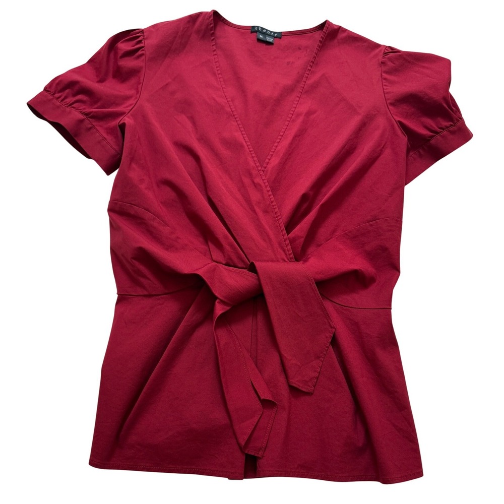 Theory Faux Wrap Top Womens Size M Red Short Sleeve Tie Waist V-Neck Blouse